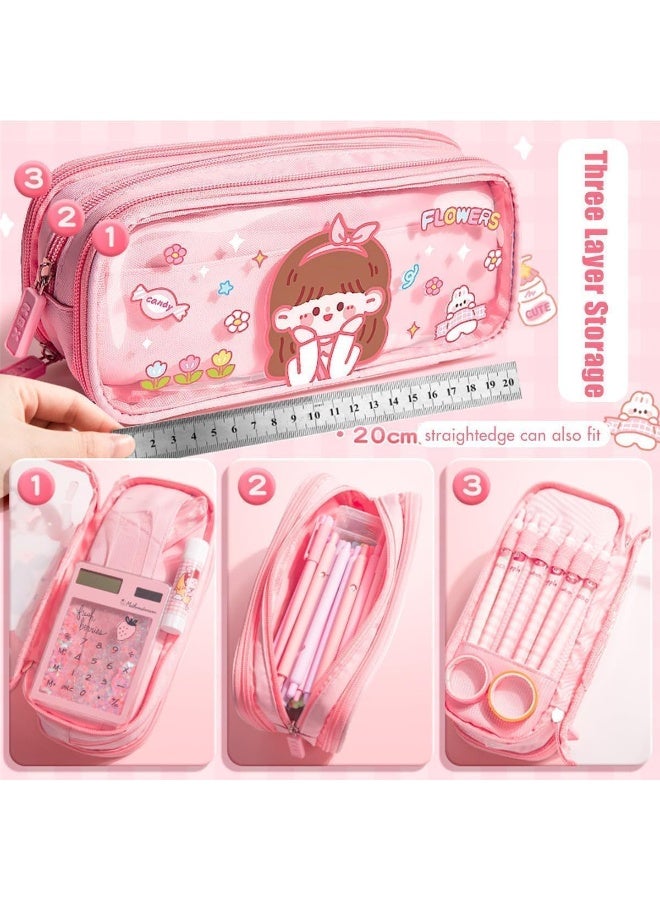 Large capacity transparent fabric pencil case with cute cartoon print, 3 compartments for organizing stationery, multi-functional, with a durable zipper design (Cute Girl) - Image 2